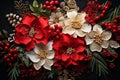 Vibrant Christmas floral bouquet in tapestry embroidery 3d style with red and white flower blossoms on a dark background