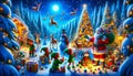 Christmas scene with Santa, elves, reindeer, snowy village backdrop, and decorated pine trees.Generative AI