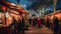 A vibrant Christmas market bustling with activity, featuring colorful