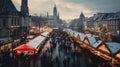 a vibrant Christmas market in a European city, filled with decorated stalls, a large Christmas tree, and people enjoying the