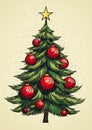 Vibrant Christmas Tree with Red Ornaments and Star Top - Vector