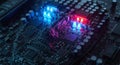Vibrant circuit board with glowing blue and red LEDs, ideal for showcasing advanced computing, AI development, data processing, Royalty Free Stock Photo