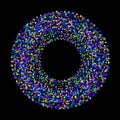 Vibrant circular pattern composed of multicolored glowing dots on dark background.