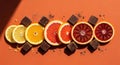 Vibrant citrus slices and dark chocolate cubes arranged artfully on warm orange surface Royalty Free Stock Photo