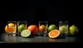 Vibrant citrus slices on wood, refreshing mojito in glass generated by AI