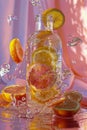 Vibrant Citrus Splash with Fresh Oranges in Transparent Bottle on Pink Background