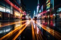 Vibrant city lights illuminate a lively street in the night