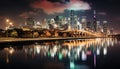 Vibrant city lights reflect on the waterfront generated by AI