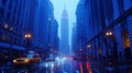 Vibrant city scene with taxis cruising under yellow lights.