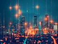 City Skyline Illuminated at Night with Colorful Abstract Background Royalty Free Stock Photo