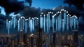 A vibrant city skyline illustrates the integration of technology with binary code overlaying modern buildings under a Royalty Free Stock Photo