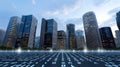 A vibrant city skyline illustrates the integration of technology with binary code overlaying modern buildings under a Royalty Free Stock Photo