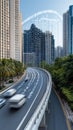 A vibrant city skyline illustrates the integration of technology with binary code overlaying modern buildings under a Royalty Free Stock Photo