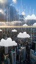 A vibrant city skyline illustrates the integration of technology with binary code overlaying modern buildings under a Royalty Free Stock Photo