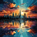 Vibrant city skyline painting at sunset with mirrored reflections
