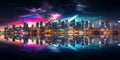 City skyline reflecting on calm waters at night . Generative AI Royalty Free Stock Photo