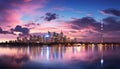 Vibrant city skyline reflects in water at dusk generated by AI