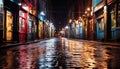 Vibrant city skyline reflects on wet cobblestone street at night generated by AI Royalty Free Stock Photo