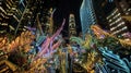 Vibrant city street with colorful lights and towering buildings, AI-generated.