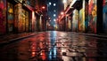 Vibrant city street, illuminated by multi colored lanterns, wet from rain generated by AI Royalty Free Stock Photo