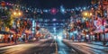 Vibrant City Street at Night with Festive Holiday Lights and Decorations Royalty Free Stock Photo