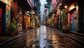 Vibrant city street, old architecture, illuminated by multi colored lanterns generated by AI Royalty Free Stock Photo