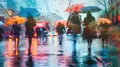 Vibrant City Street Scene with Reflective Umbrellas and Hurried Pedestrians in Moody Atmosphere Royalty Free Stock Photo