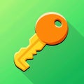 An detailed image of a orange key with a yellow handle. The background is a gradient green color, Royalty Free Stock Photo
