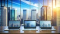 A vibrant cityscape backdrop illuminated by the warm glow of open laptops, symbolizing the pulse of digital innovation.