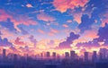 Vibrant Cityscape At Dawn Or Dusk With Dramatic Sky, Painted In Animestyle