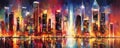 Vibrant Cityscape: dynamic panorama of a bustling city skyline adorned with towering skyscrapers, vibrant neon lights panorama