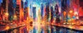 Vibrant Cityscape: dynamic panorama of a bustling city skyline adorned with towering skyscrapers, vibrant neon lights panorama