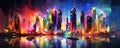 Vibrant Cityscape: dynamic panorama of a bustling city skyline adorned with towering skyscrapers, vibrant neon lights panorama