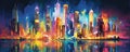 Vibrant Cityscape: dynamic panorama of a bustling city skyline adorned with towering skyscrapers, vibrant neon lights panorama