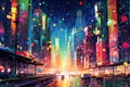 Vibrant Cityscape: dynamic panorama of a bustling city skyline adorned with towering skyscrapers, vibrant neon lights