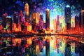 Vibrant Cityscape: dynamic panorama of a bustling city skyline adorned with towering skyscrapers, vibrant neon lights