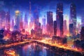 Vibrant Cityscape: dynamic panorama of a bustling city skyline adorned with towering skyscrapers, vibrant neon lights