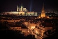 Vibrant cityscape with gothic cathedral, bustling market and historic castle at sunset., generative IA