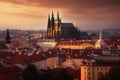 Vibrant cityscape with gothic cathedral, bustling market and historic castle at sunset., generative IA