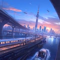 Vibrant Cityscape: High-Speed Rail & Boating Adventure