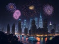 Vibrant cityscape illuminated with colorful fireworks