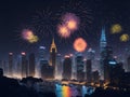 Vibrant cityscape illuminated with colorful fireworks