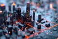 A vibrant cityscape at night features glowing skyscrapers made of data elements. The illuminated buildings create a modern, high Royalty Free Stock Photo