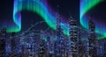 Futuristic Cityscape with Aurora Borealis and Digital Data Streams Royalty Free Stock Photo