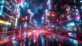 Vibrant cityscape at night neon lights, car streaks, long exposure, realistic detail Royalty Free Stock Photo