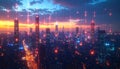 Futuristic Cityscape with Digital Data Streams at Sunset Royalty Free Stock Photo