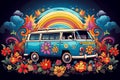 Vibrant Classic Vintage Van With Flourishing Flowers and Radiant Rainbow Illustration