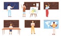 In a vibrant classroom setting, teachers demonstrate different subjects using visual aids and interactive methods