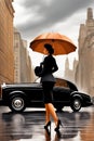 Vibrant curvy classy lady, wear black winter coat high heels,rain, walk New york city taxis, big cat