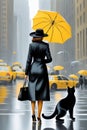 Vibrant curvy classy lady, wear black winter coat high heels,rain, walk New york city taxis, big cat